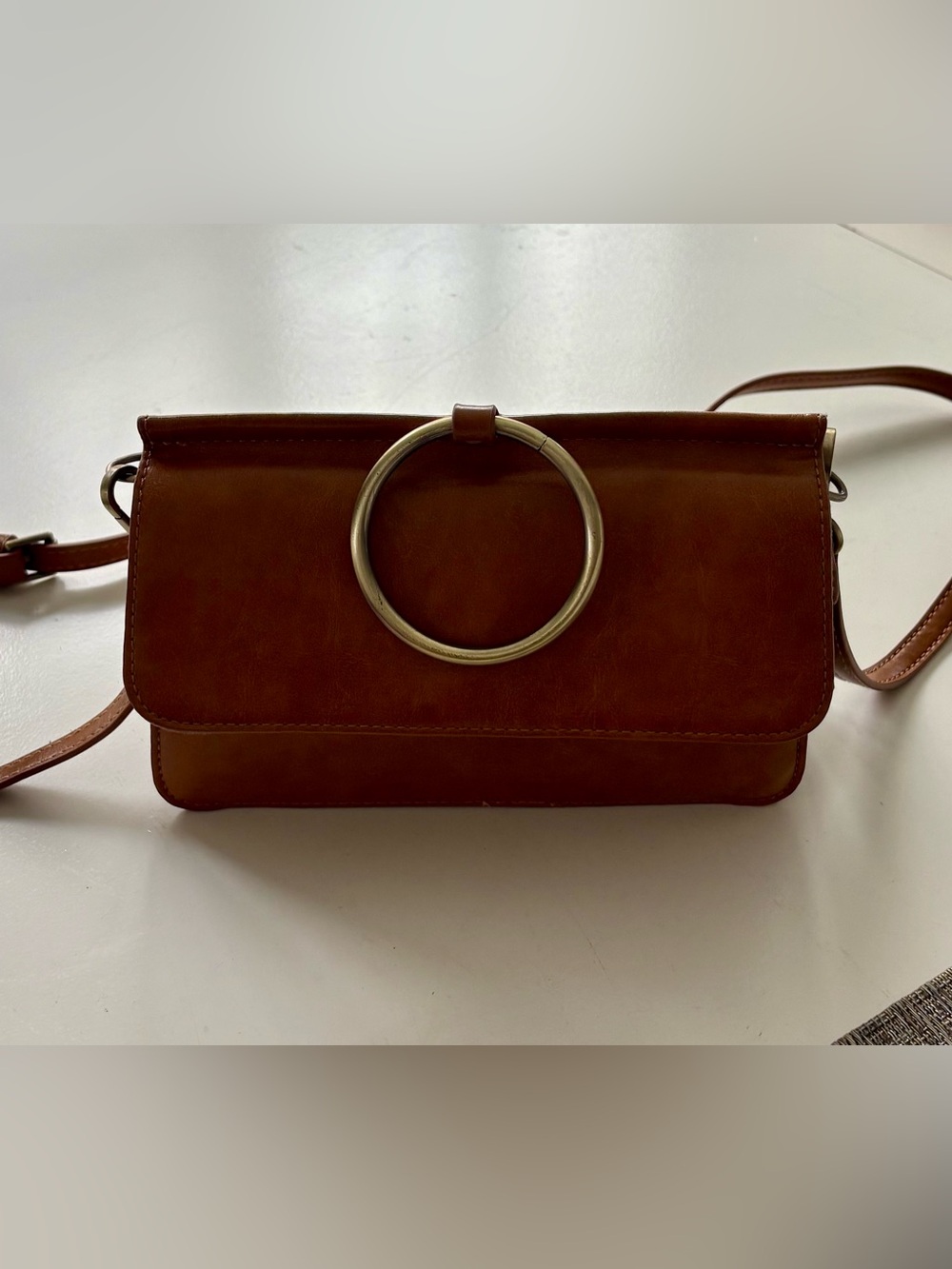 Brown Leather Crossbody Bag with Gold Ring Detail